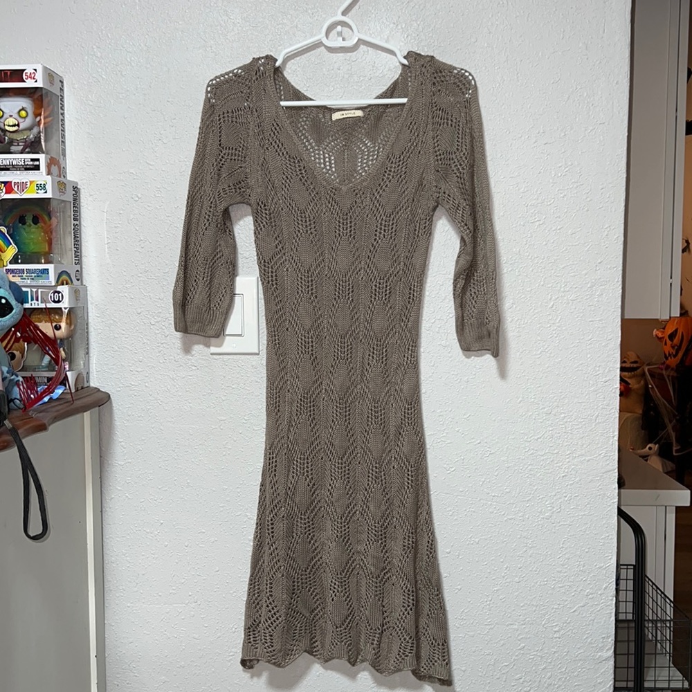 Knit Brown 3/4 sleeves Crochet Dress (S)